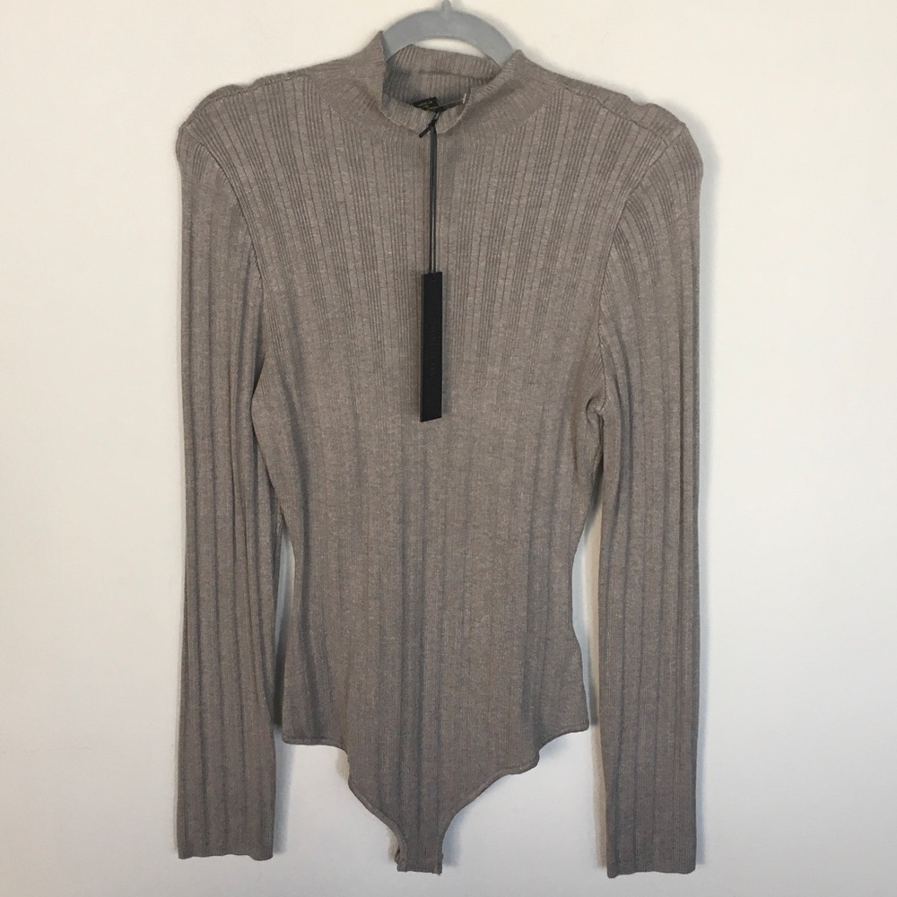 Ribbed Long-Sleeve Mock Neck Bodysuit - Taupe